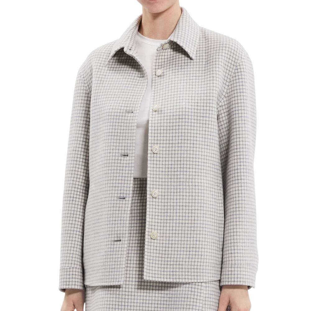 Theory 100% Wool Check Pattern Shirt Jacket White Gray Size S